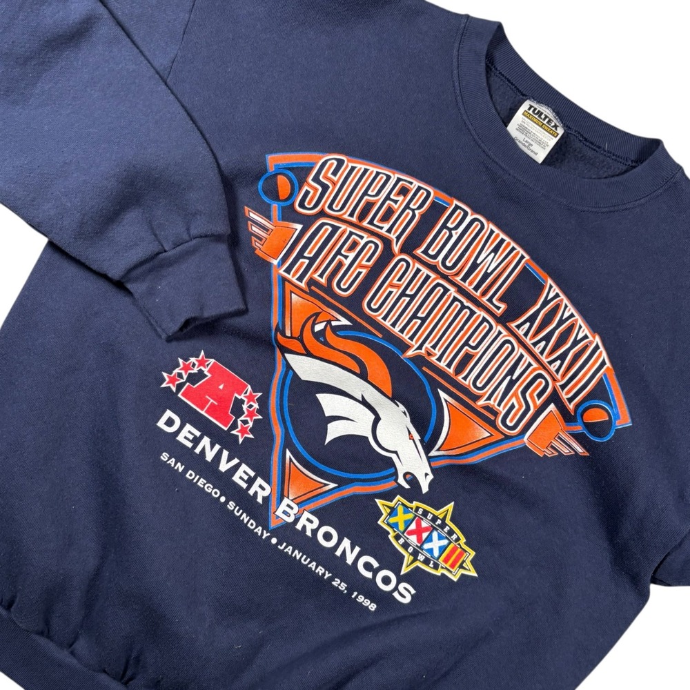 VTG Denver Broncos Super Bowl XXXII AFC Champis Tultex Sweatshirt Sz L Blue 1998